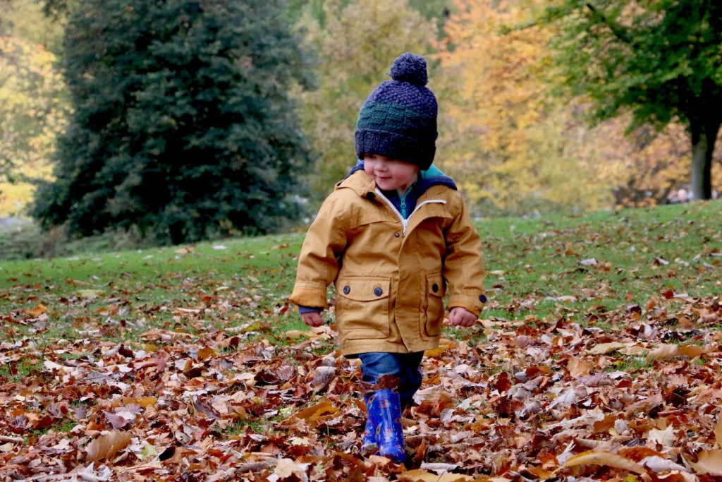 Toddler in jacket and hat walking through autumn leaves
