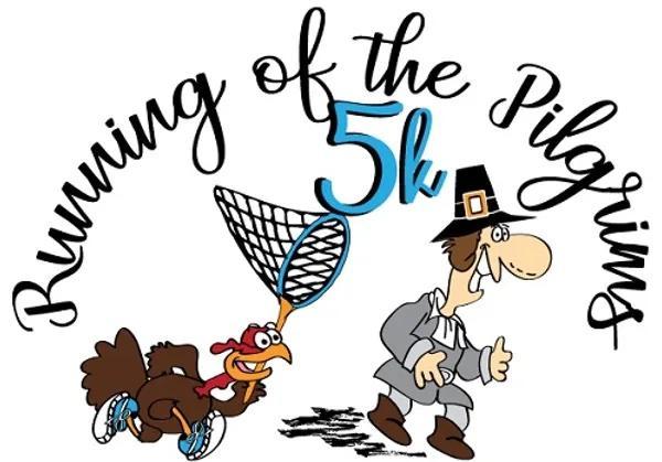Running of the Pilgrims 5k logo with a turkey chasing a Pilgrim