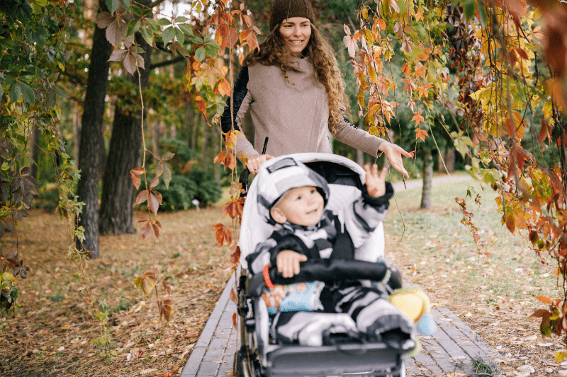 Mother pushing her baby in a stroller during the fall