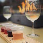 wine glasses and sample cups in front of fire, cape cod winery