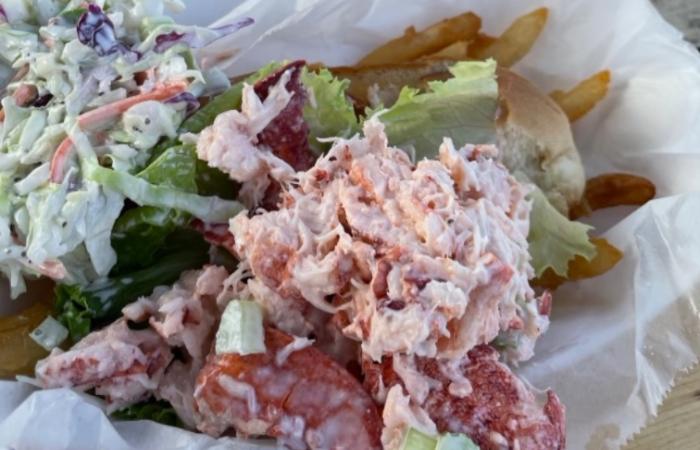 close-up of a lobster roll with coleslaw and french fries, best lobster rolls on cape cod